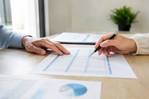 Fractional CFO reviewing financial statements with a Wichita small business owner.