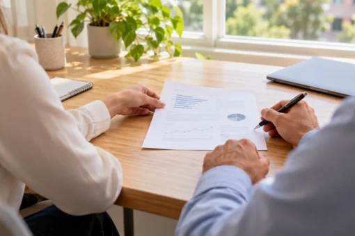 Business owner and financial advisor reviewing a printed report with charts at a desk in a Wichita office