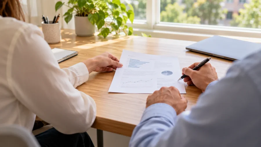 Business owner and financial advisor reviewing a printed report with charts at a desk in a Wichita office